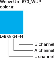 WeaveUp 670_WUP Color. L Channel number is 65, A Channel number is 24, B Channel number is 44.